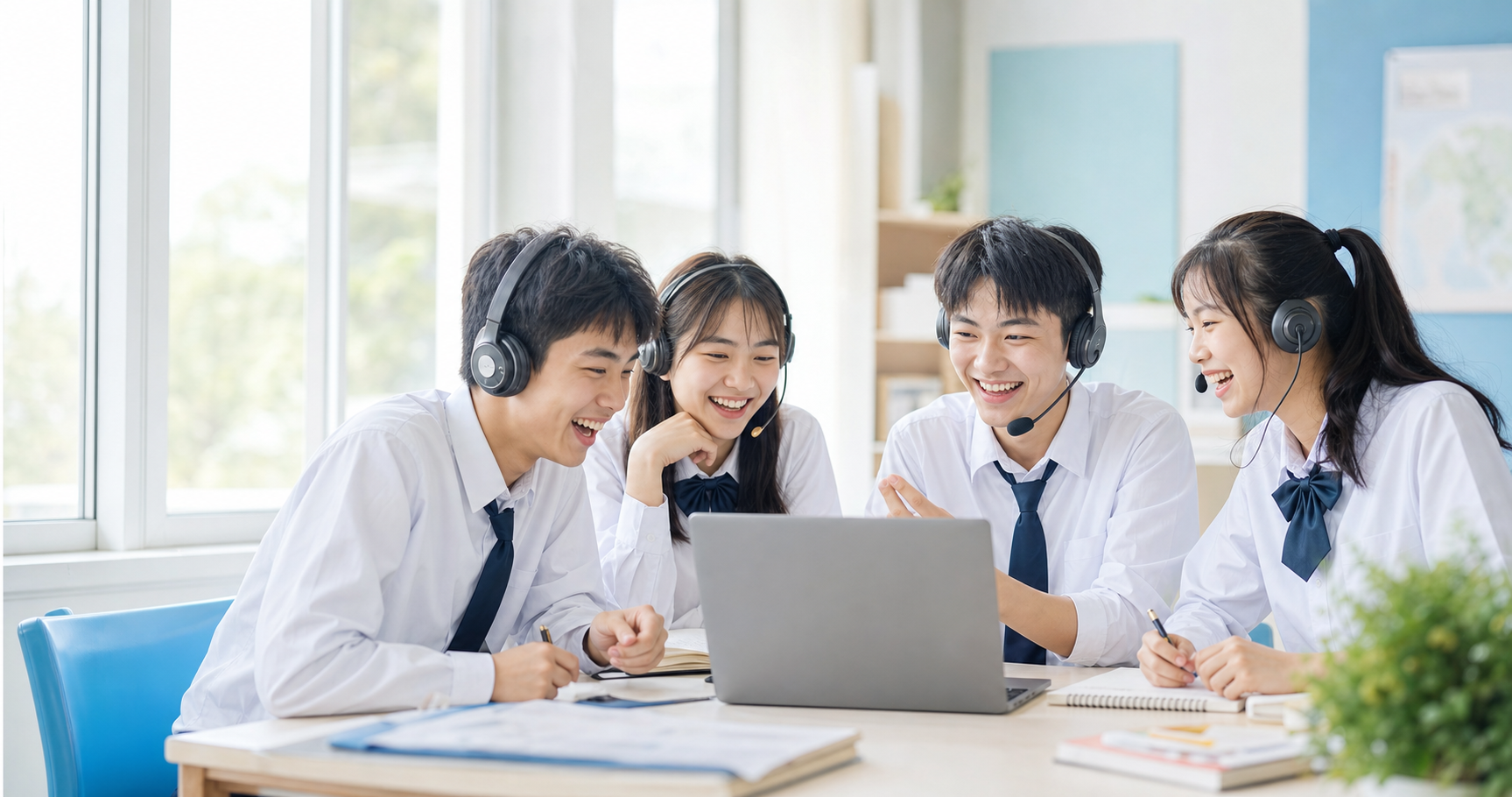 学生戴耳麦进行英语听说练习的欢笑场景